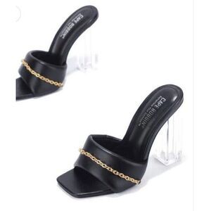 CAPE ROBBIN Cherie Gold Chain Square Lucite Heeled Mule Sandals Size‎ 8.5 Black